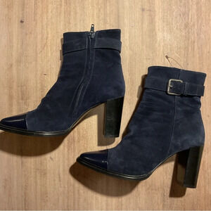Billi Bi Vintage 90s Heeled Short Ankle Mixed Leather Blue Black Suede Boots